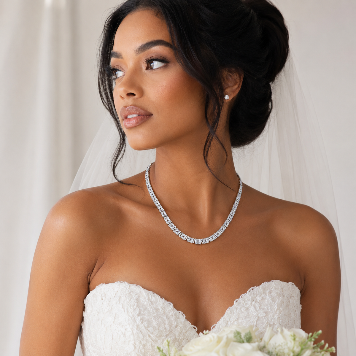 Rhodium Plated 925 Sterling Silver Square Cut Clear CZ 5.8mm Bridal Necklace - GMN00220