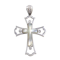 Rhodium Plated 925 Sterling Silver Mother of Pearl CZ Cross Pendant - GMP00029