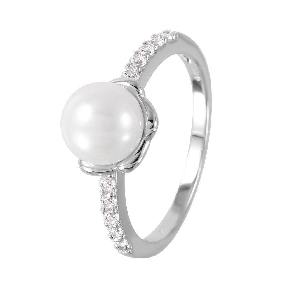 Silver 925 Rhodium Plated Faux Pearl CZ Accent Ring - GMR00056