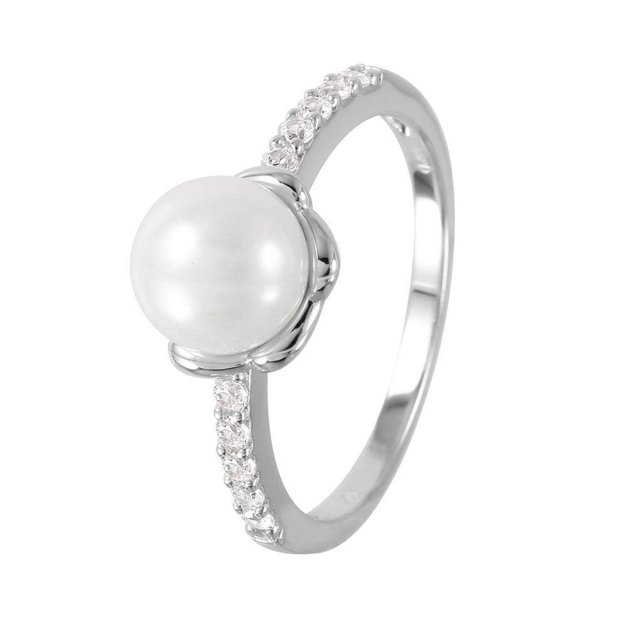 Silver 925 Rhodium Plated Faux Pearl CZ Accent Ring - GMR00056