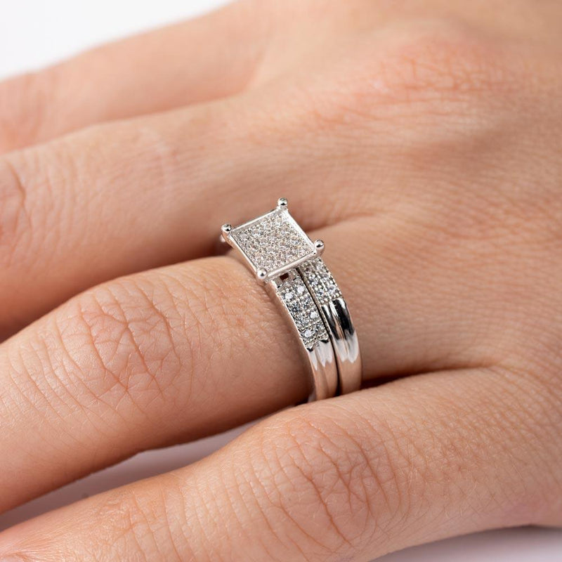 Rhodium Plated 925 Sterling Silver Moissanite or CZ Square Pave Center Trio Bridal Ring - MGMR00170 | GMR00170