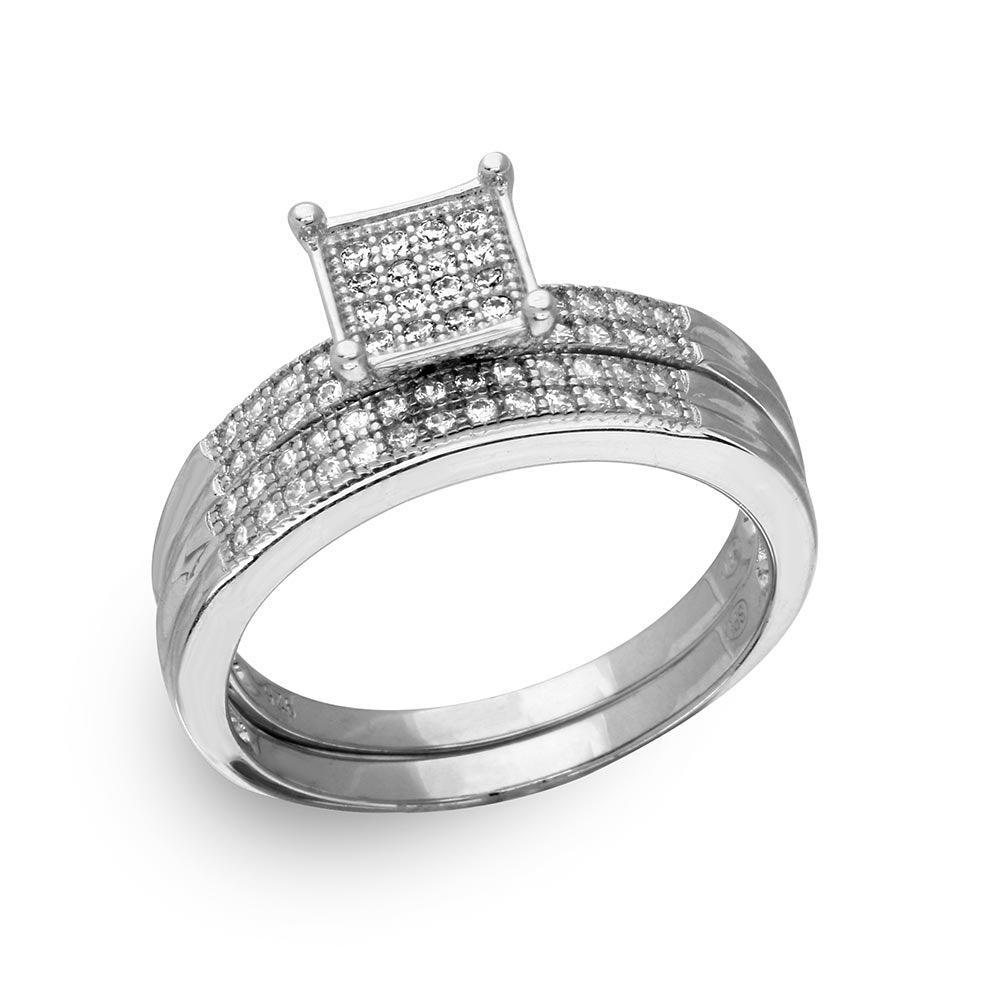 Rhodium Plated 925 Sterling Silver Moissanite or CZ Square Pave Center Trio Bridal Ring - MGMR00170 | GMR00170
