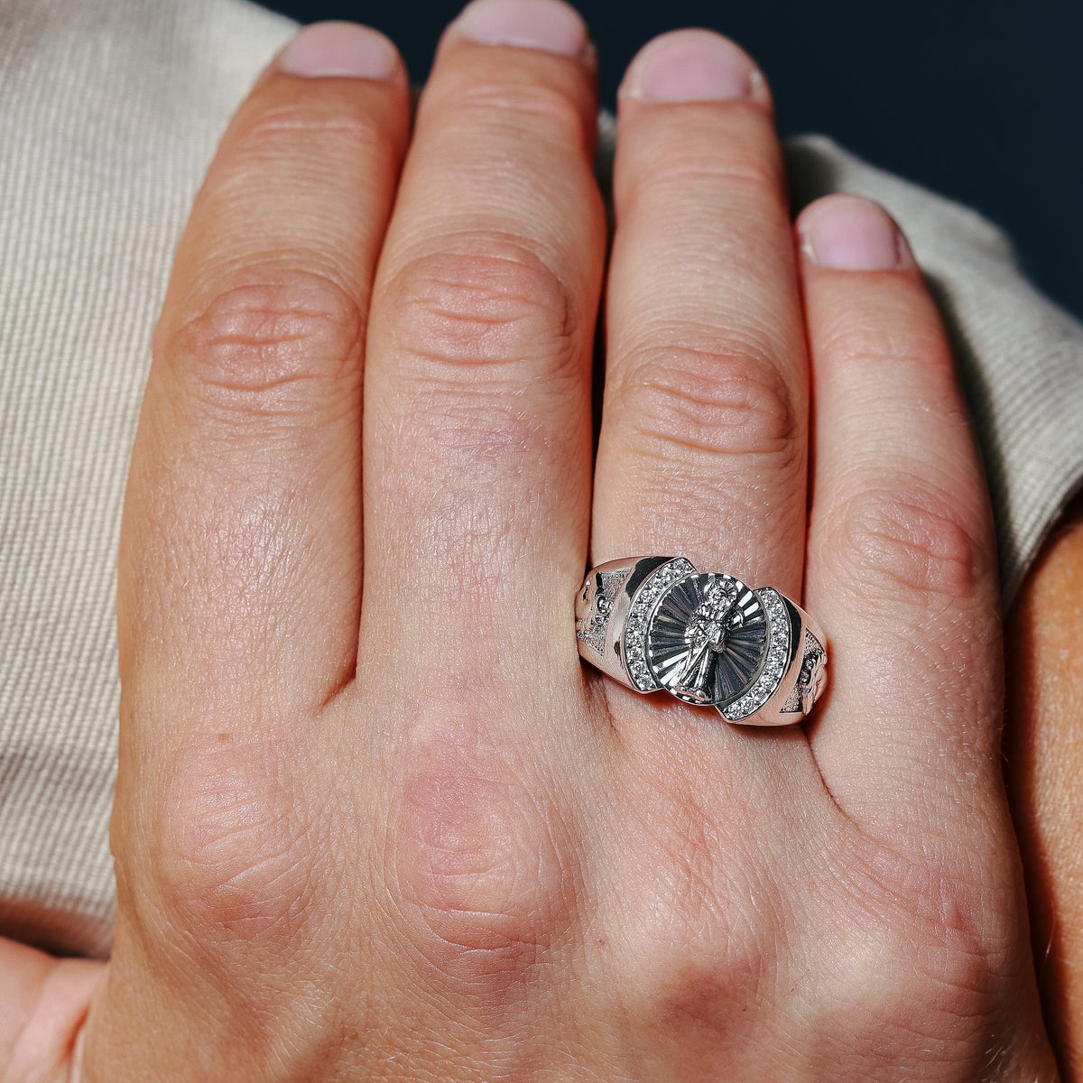 Rhodium Plated 925 Sterling Silver Moissanite Santa Muerte Ring - MGMR00233RH