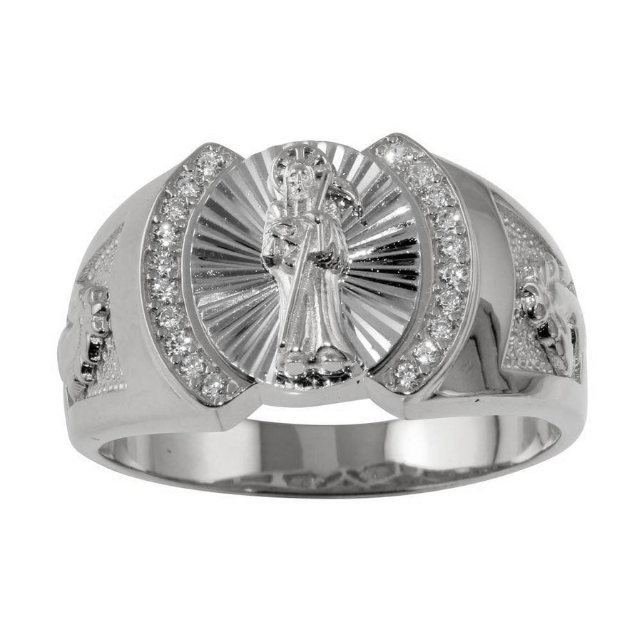 Rhodium Plated 925 Sterling Silver Moissanite Santa Muerte Ring - MGMR00233RH