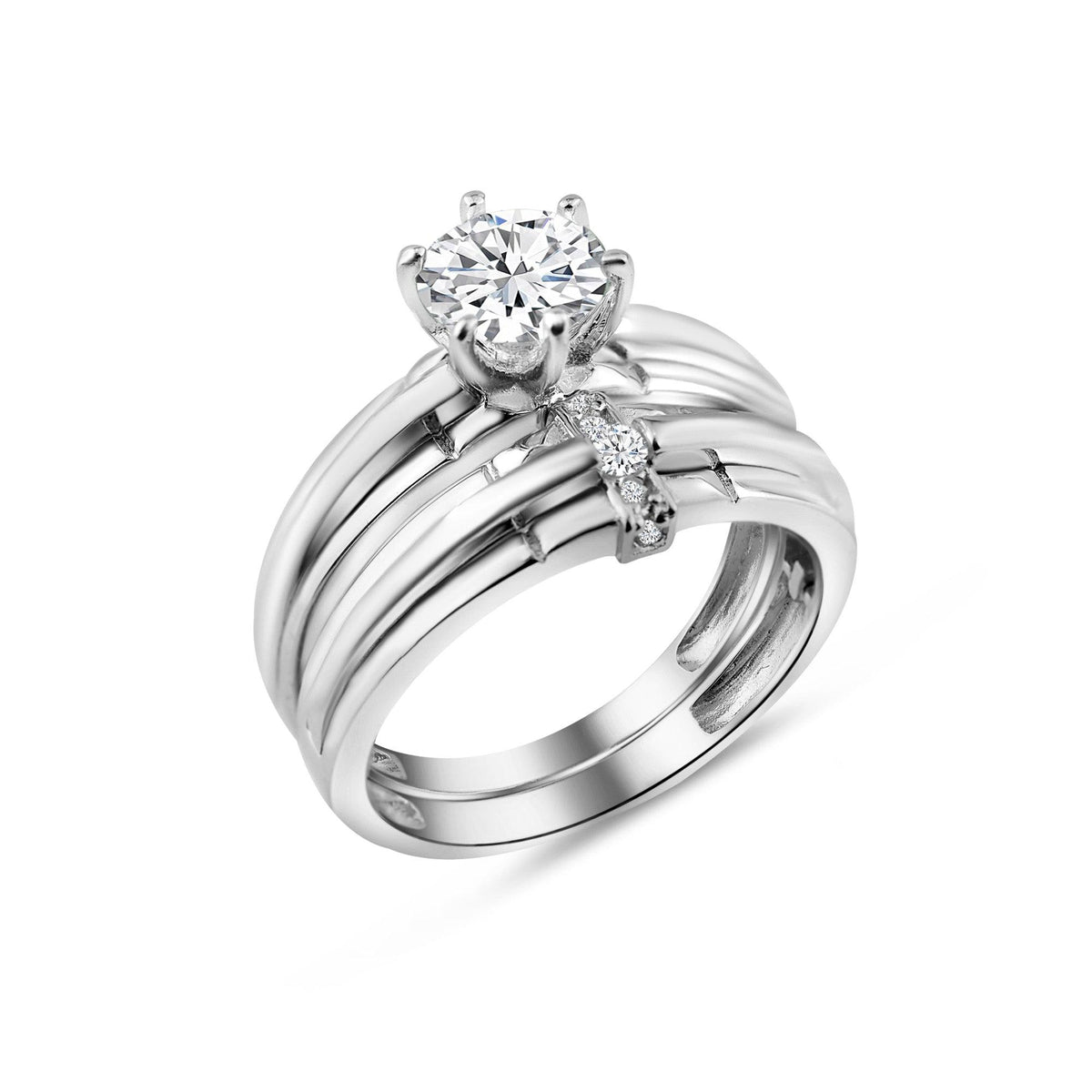 Rhodium Plated 925 Sterling Silver Double Stackable Ring with CZ - GMR00267