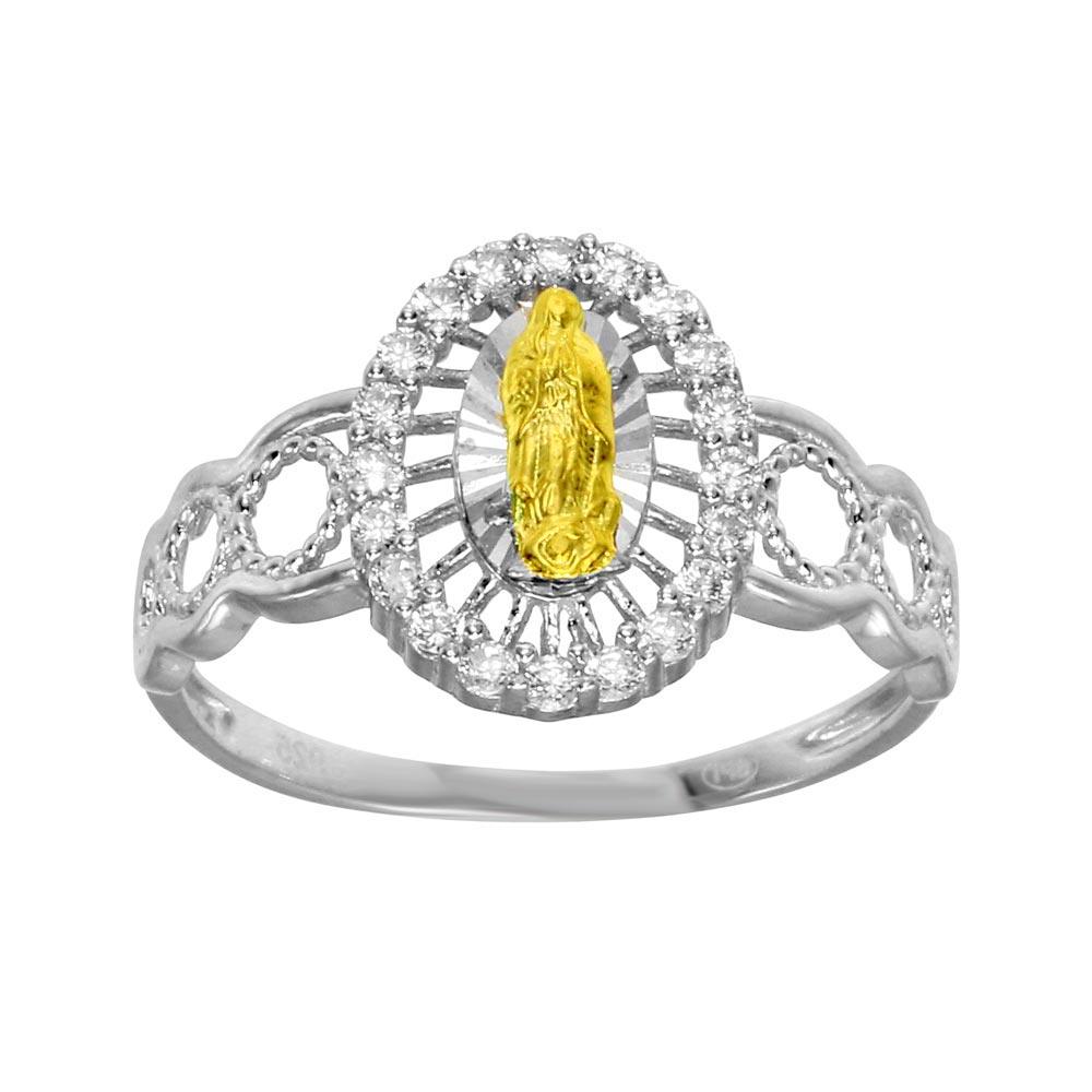 Two-Tone 925 Sterling Silver Moissanite or CZ Lady of Guadalupe Open Circle Shank Ring - MGMR00295RHR | GMR00295RHR