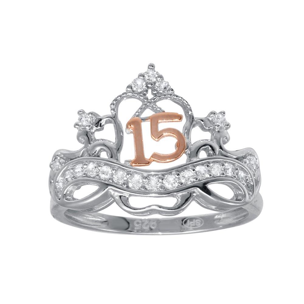Two-Tone Sterling Silver Moissanite or Cubic Zirconia uinceanera Crown Ring - MGMR00307RHR | GMR00307RHR
