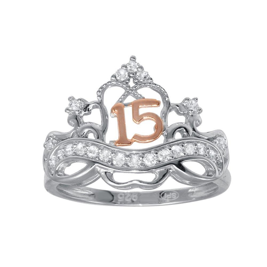 Two-Tone Sterling Silver Moissanite or Cubic Zirconia uinceanera Crown Ring - MGMR00307RHR | GMR00307RHR