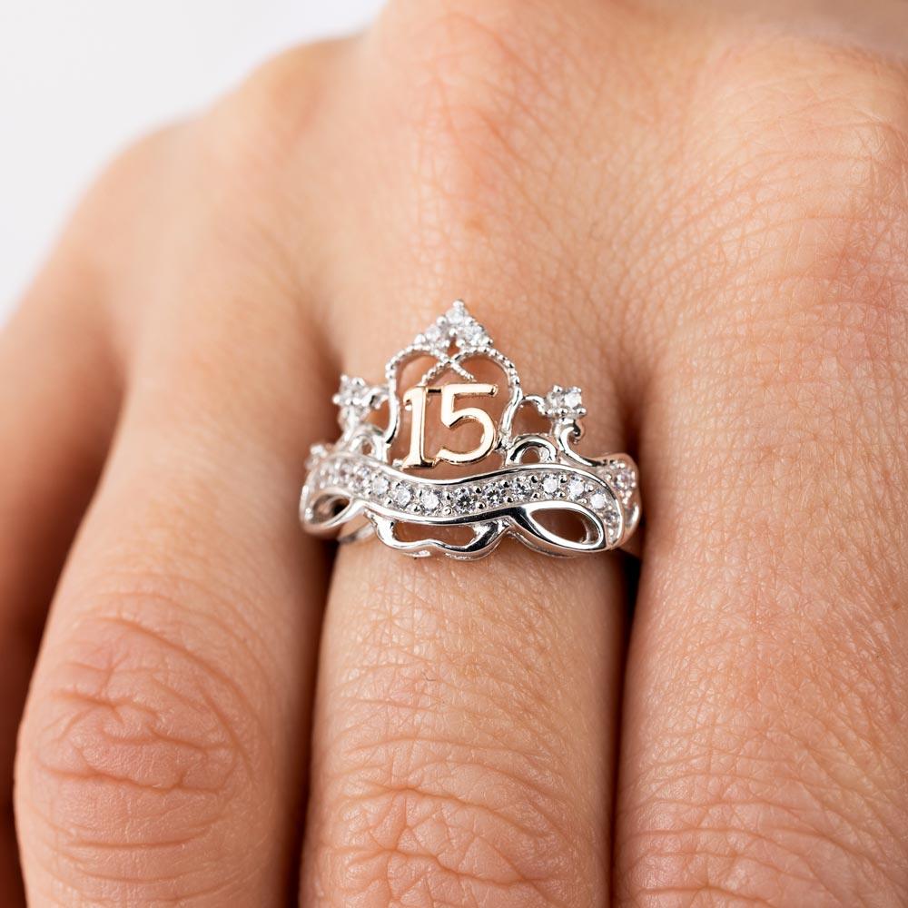 Two-Tone Sterling Silver Moissanite or Cubic Zirconia uinceanera Crown Ring - MGMR00307RHR | GMR00307RHR