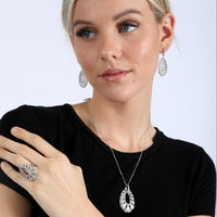 Silver 925 Rhodium Plated Clear Micro Pave Open Puff Teardrop CZ Dangling Stud Earring and Dangling Necklace Set - GMS00013RH