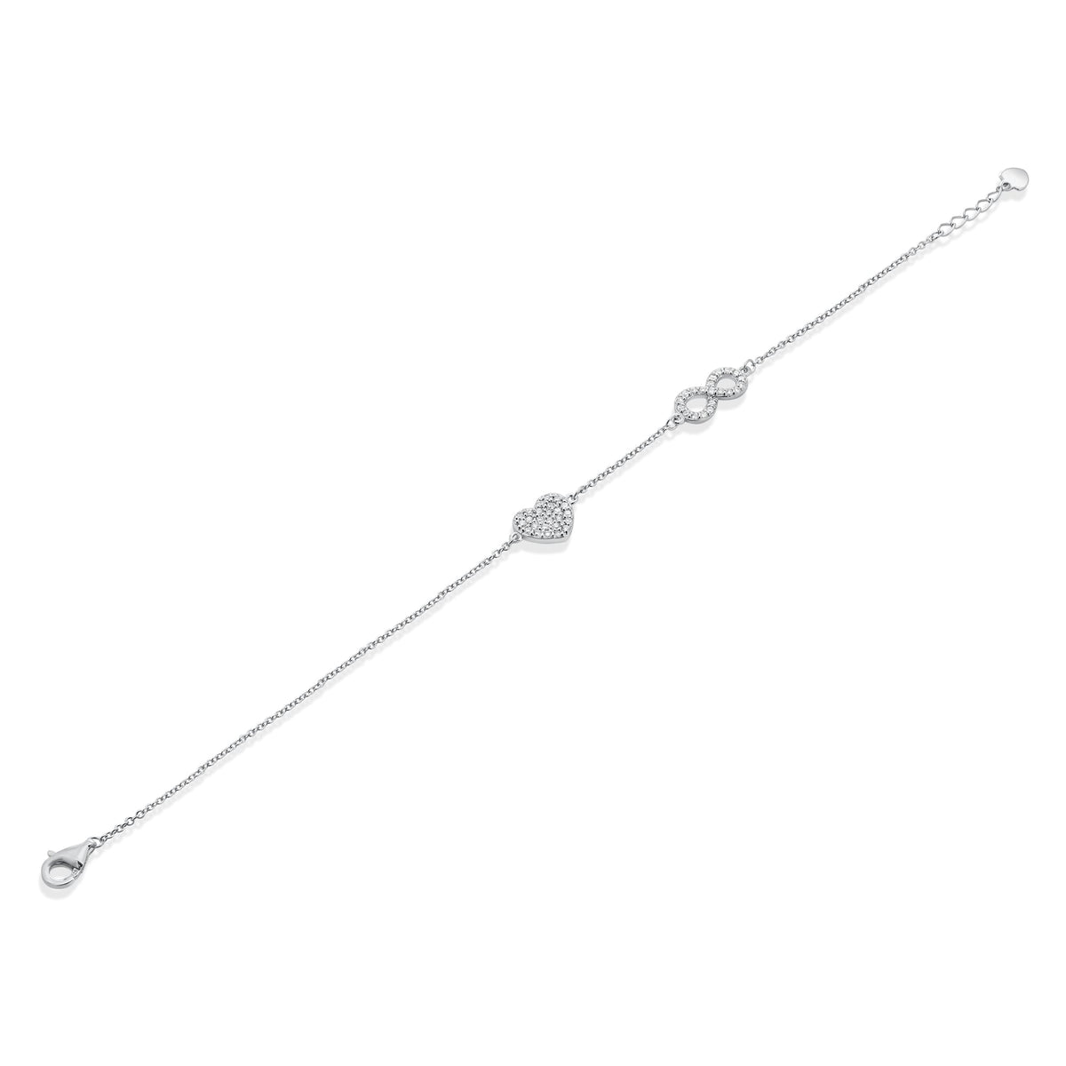 Rhodium Plated 925 Sterling Silver Lab Grown Heart and Infinity Charm Adjustable Bracelet - LGMB00005