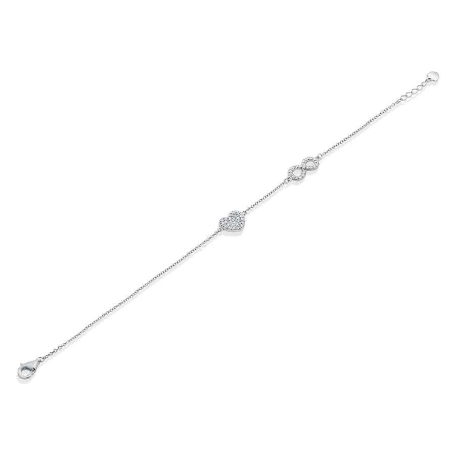 Rhodium Plated 925 Sterling Silver Lab Grown Heart and Infinity Charm Adjustable Bracelet - LGMB00005