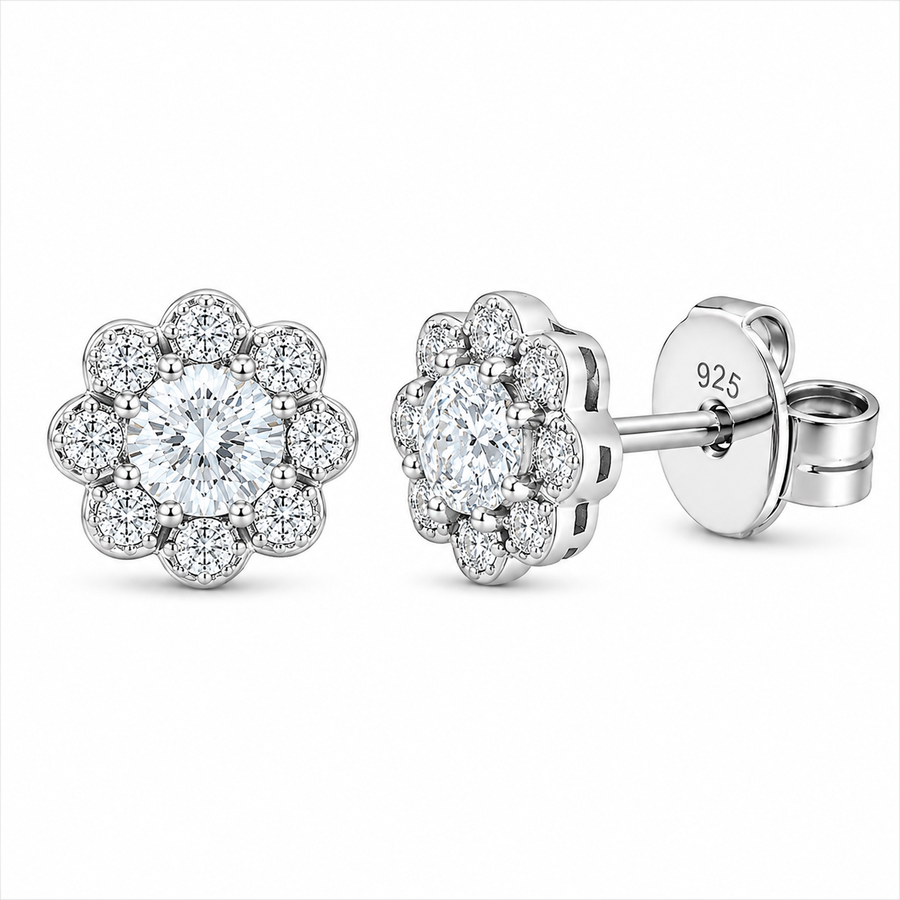 Rhodium Plated 925 Sterling Silver Lab Grown Diamond Flower Cluster Stud Earrings - LGME00020