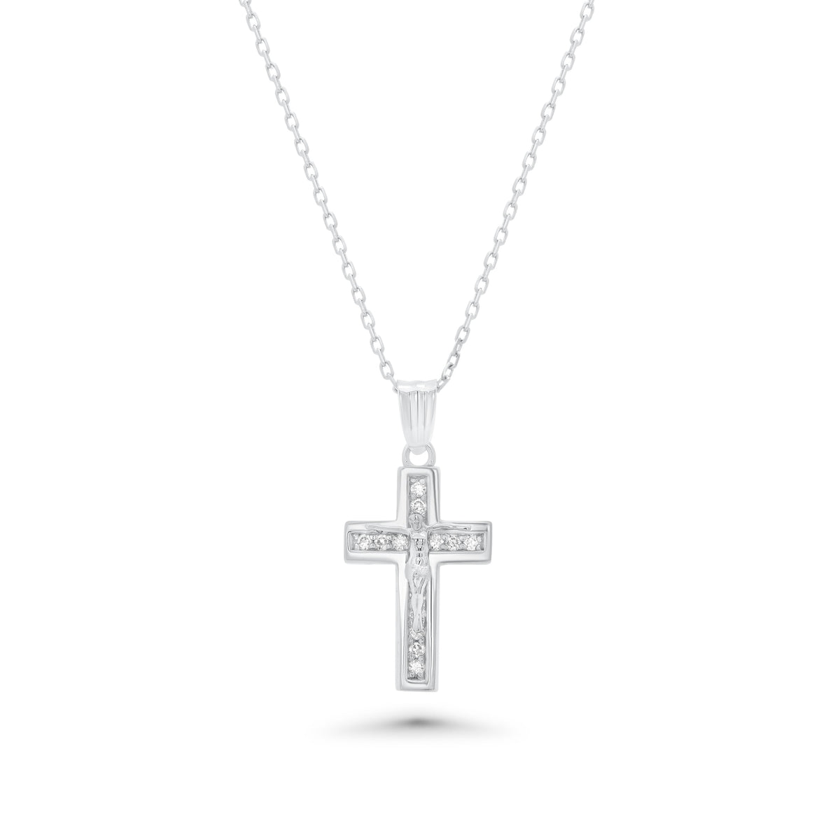 Rhodium Plated 925 Sterling Silver Dainty Lab-Grown Diamond Crucifix Pendant Necklace- LGMN00016