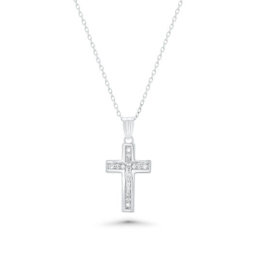 Rhodium Plated 925 Sterling Silver Dainty Lab-Grown Diamond Crucifix Pendant Necklace- LGMN00016