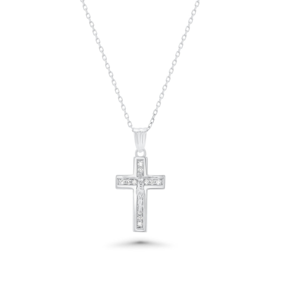 Rhodium Plated 925 Sterling Silver Dainty Lab-Grown Diamond Crucifix Pendant Necklace- LGMN00016