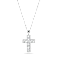 Rhodium Plated 925 Sterling Silver Ornate Lab Grown Diamond 25mm x 18.3mm Cross Pendant Necklace - LGMN00017