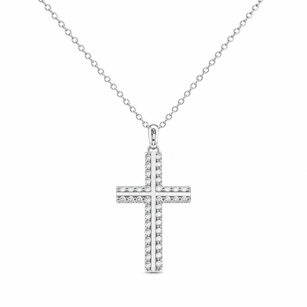 Rhodium Plated 925 Sterling Silver Lab Grown Diamond Double Cross Pendant Necklace- LGMN00026
