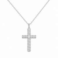 Rhodium Plated 925 Sterling Silver Lab Grown Diamond Double Cross Pendant Necklace- LGMN00026
