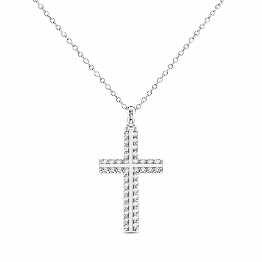 Rhodium Plated 925 Sterling Silver Lab Grown Diamond Double Cross Pendant Necklace- LGMN00026