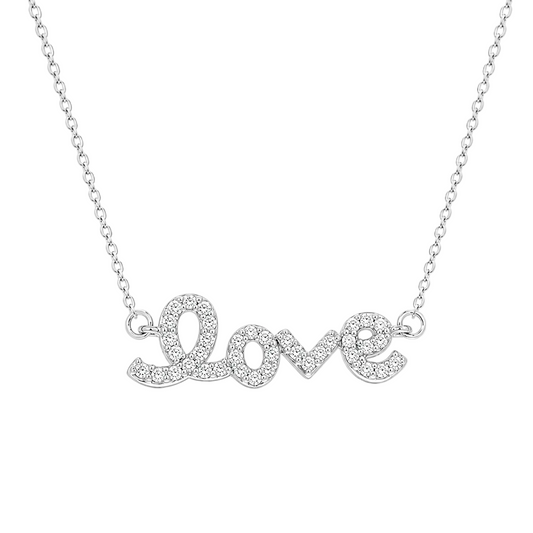 Rhodium Plated 925 Sterling Silver Lab Grown Diamond Love Script Pendant Necklace- LGMN00030