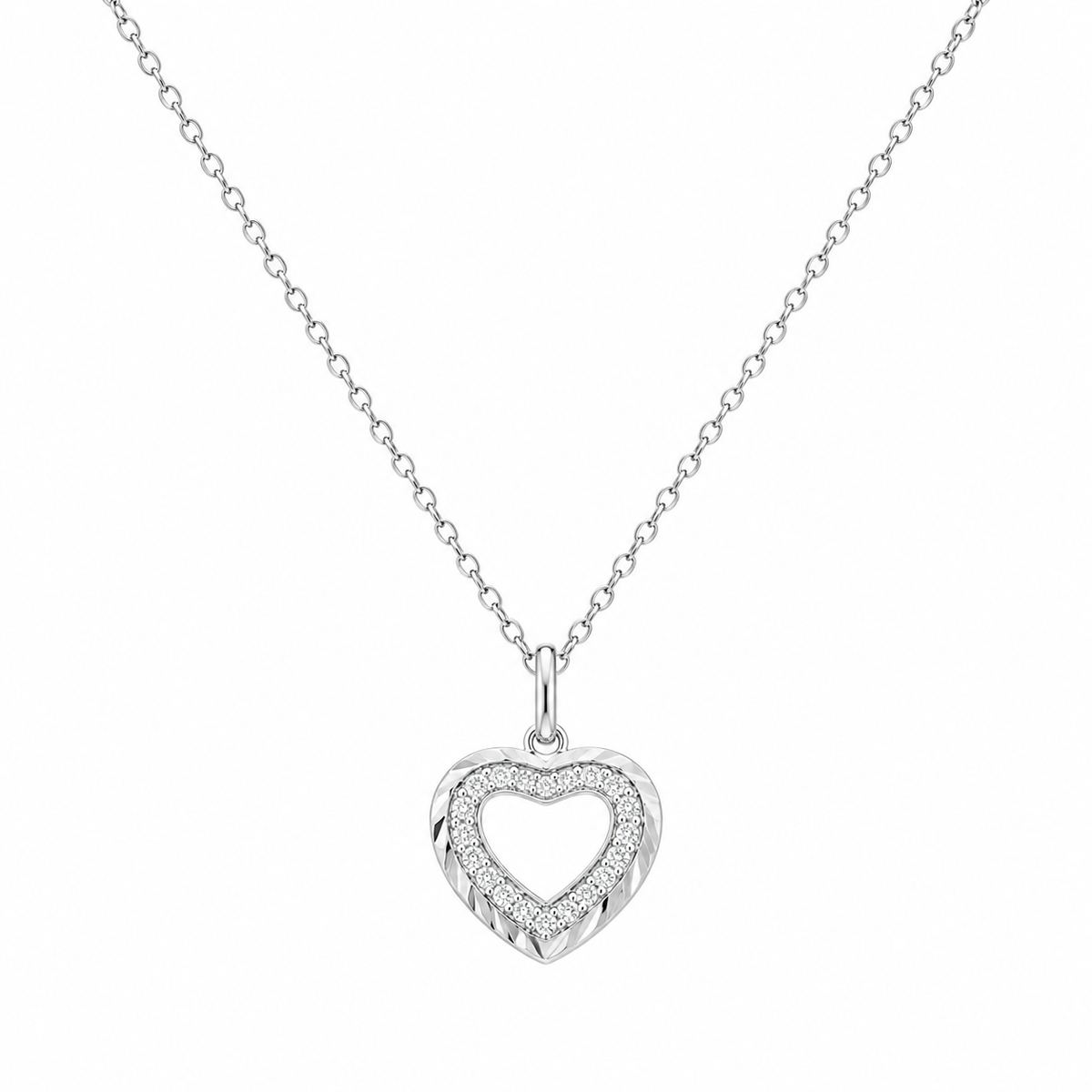 Rhodium Plated 925 Sterling Silver Lab Grown Diamond Cut Heart Pendant Necklace- LGMN00031