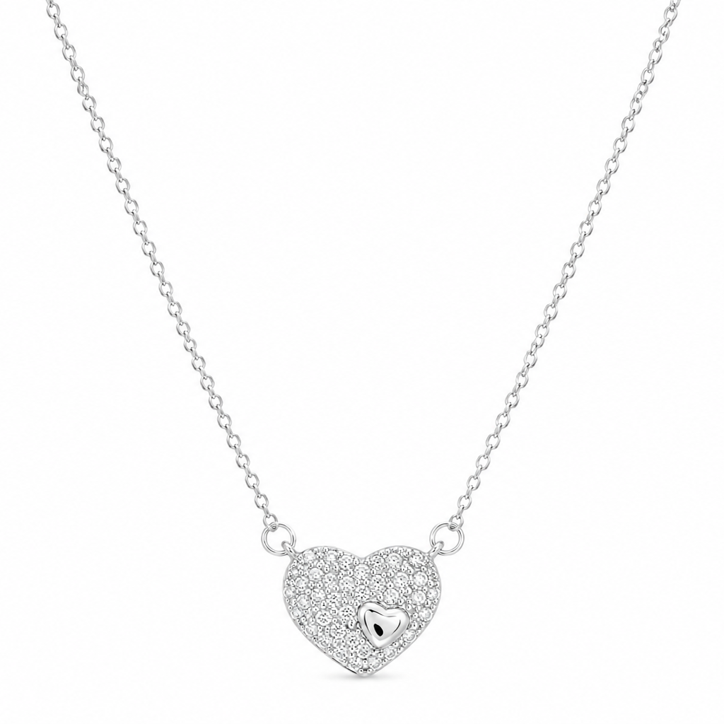 Rhodium Plated 925 Sterling Silver Lab Grown Diamond Pave Heart Necklace with Center Accent Pendant Necklace- LGMN00032