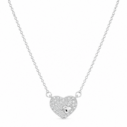 Rhodium Plated 925 Sterling Silver Lab Grown Diamond Pave Heart Necklace with Center Accent Pendant Necklace- LGMN00032