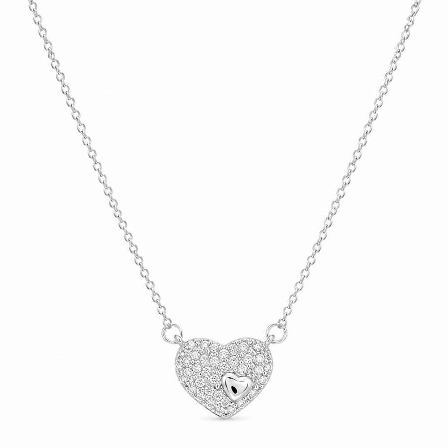 Rhodium Plated 925 Sterling Silver Lab Grown Diamond Pave Heart Necklace with Center Accent Pendant Necklace- LGMN00032