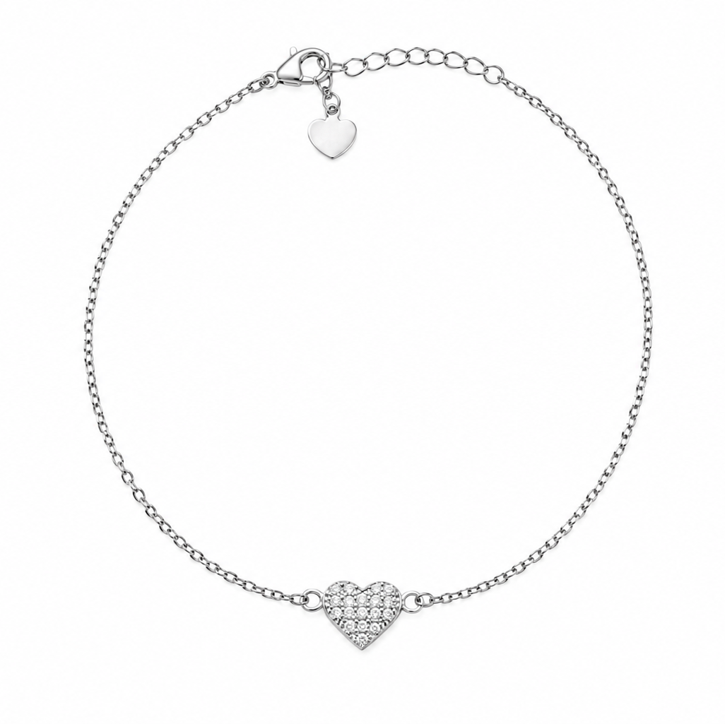 Rhodium Plated 925 Sterling Silver Lab Grown Diamond Dainty Heart Pave Charm Bracelet - LGTGB00020