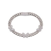 Rhodium Plated 925 Sterling Silver Moissanite Stone Multi Butterfly Cuban Link Bracelet - MGMB00114-7.25