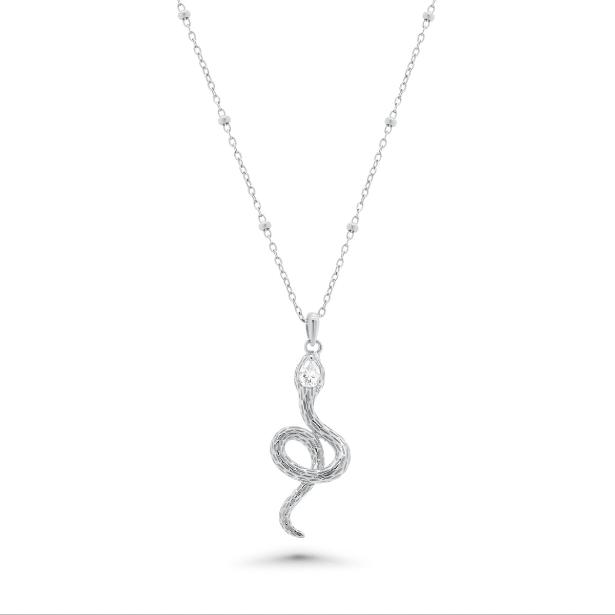 Rhodium Plated 925 Sterling Silver Moissanite Snake W/Bead Pendant Necklace - MGMN00026