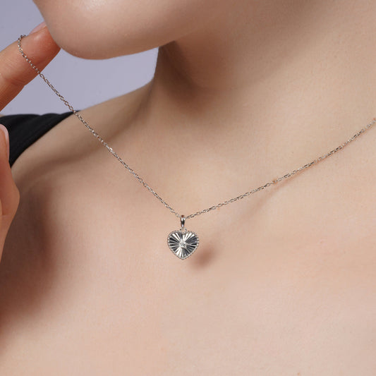 Rhodium Plated 925 Sterling Silver Flutted Heart  Moissanite Pendant Necklace - MGMN00027