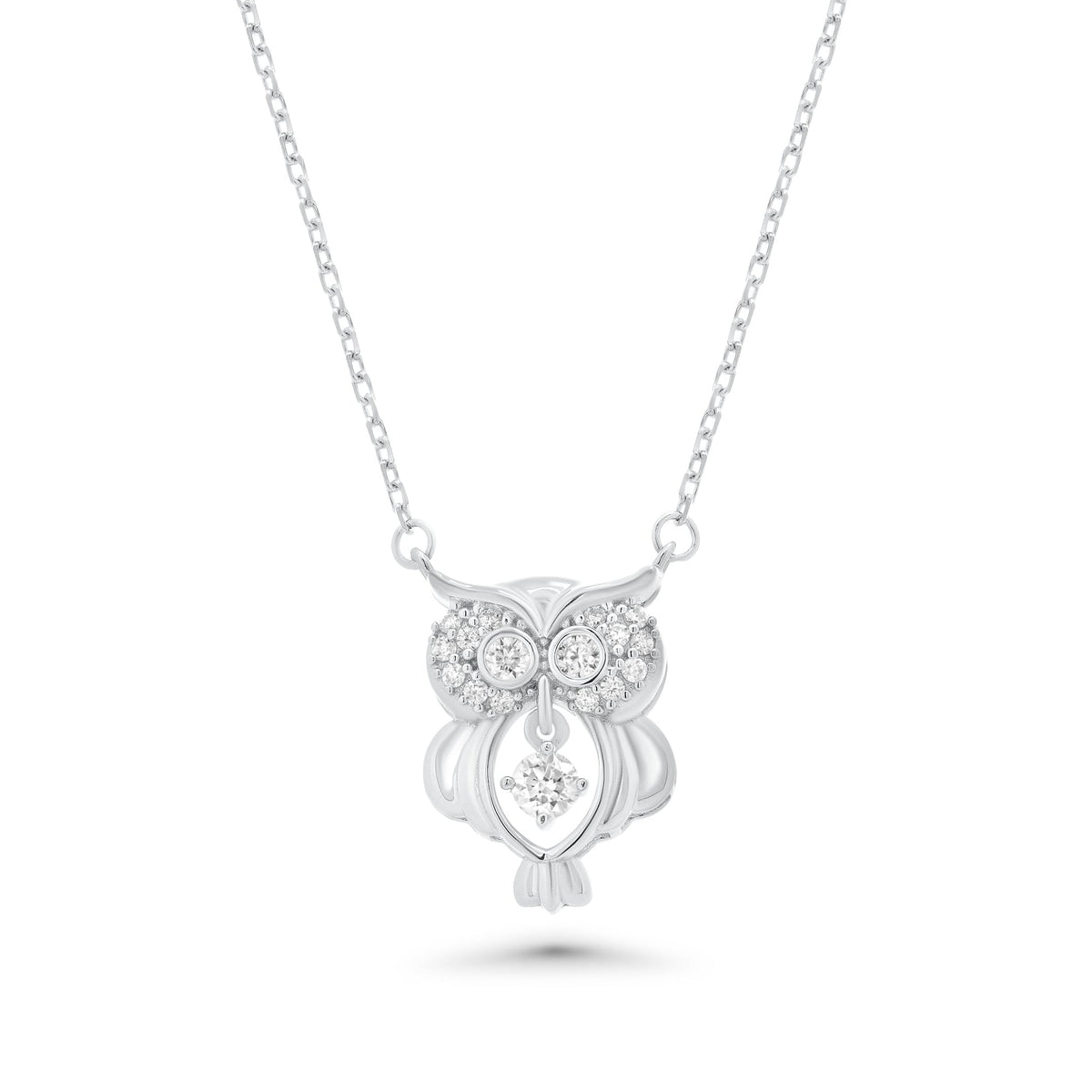 Rhodium Plated 925 Sterling Silver Dancing  Moissanite Owl Pendant Necklace - MGMN00028