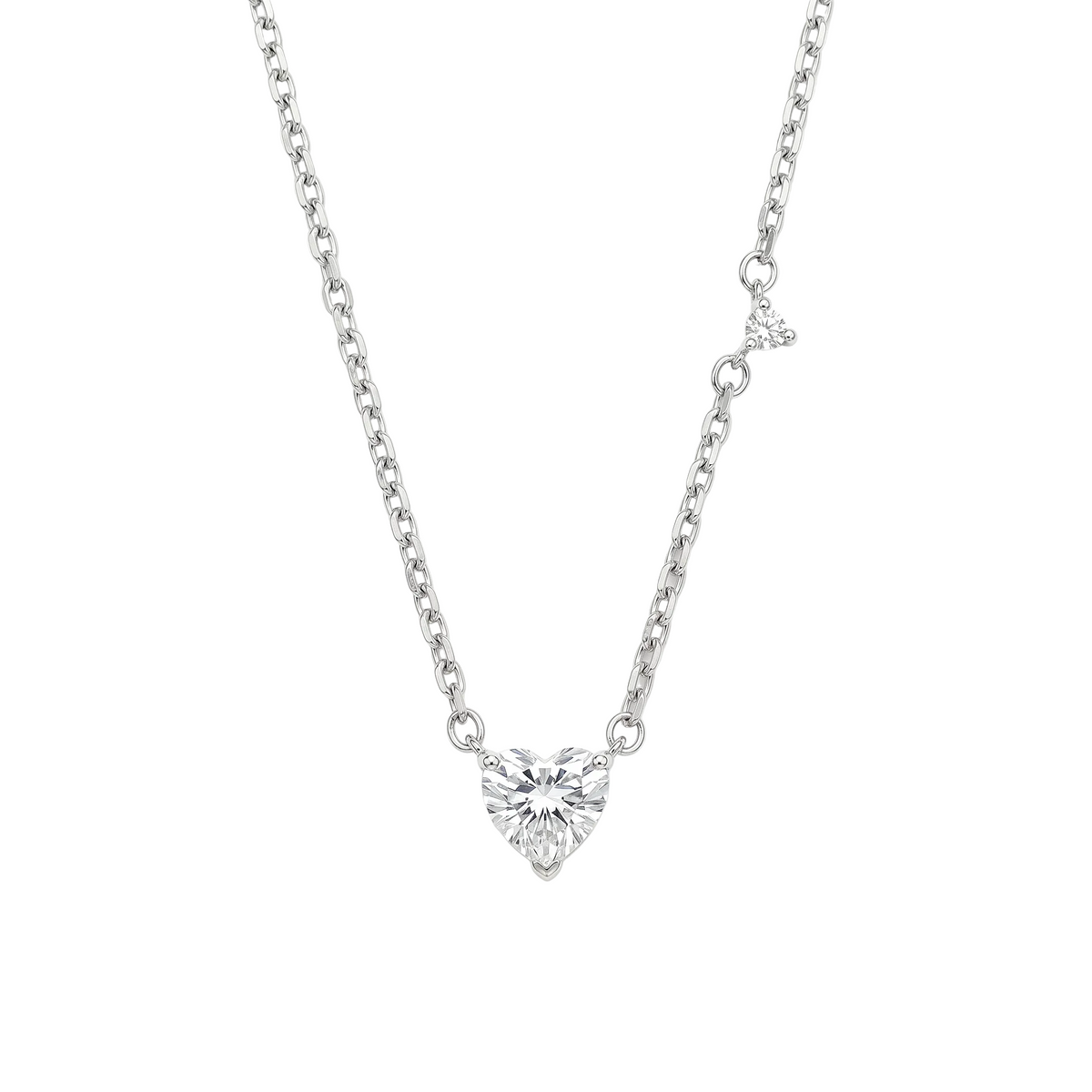 Rhodium Plated 925 Sterling Silver Moissanite Stone Heart with Side Stone Accent Necklace - MGMN00029