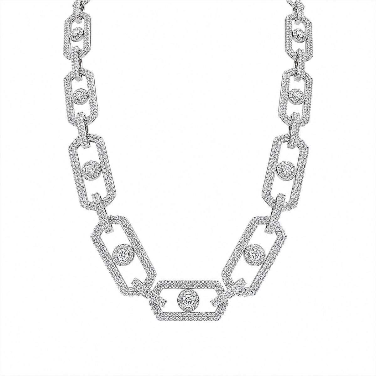Rhodium Plated 925 Sterling Silver Moissanite Geometric Link Pave 11mm Necklace - MGMN00009