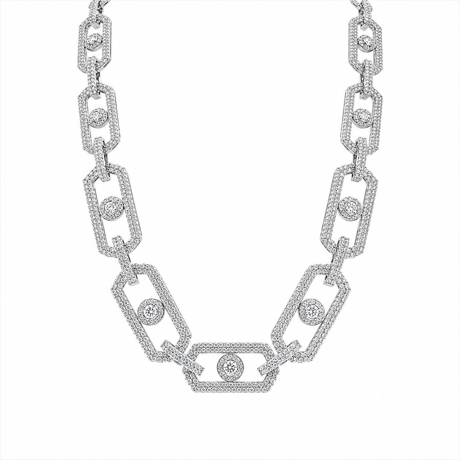 Rhodium Plated 925 Sterling Silver Moissanite Geometric Link Pave 11mm Necklace - MGMN00009