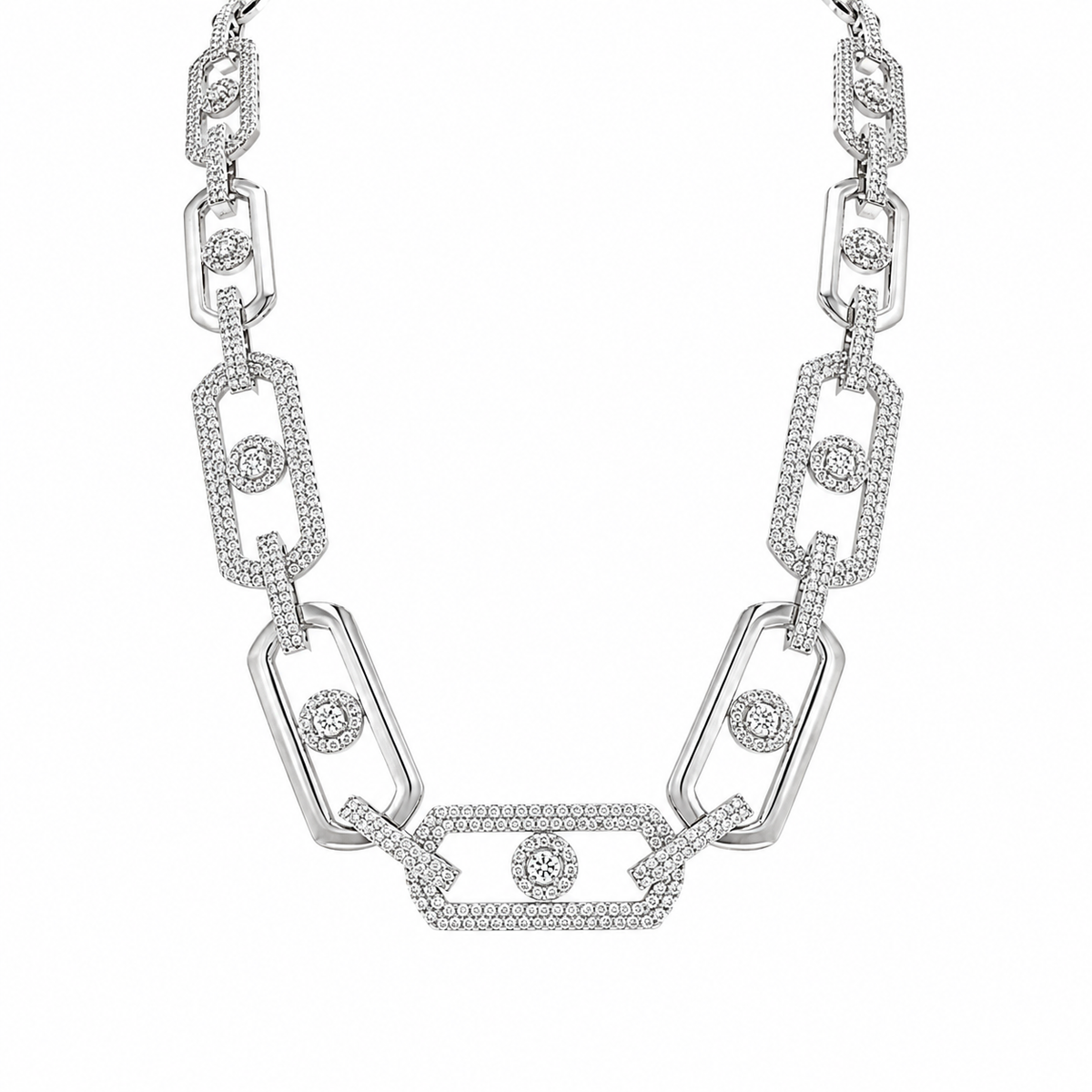 Rhodium Plated 925 Sterling Silver Moissanite Geometric Alternating Link Pave 13mm Necklace - MGMN00010