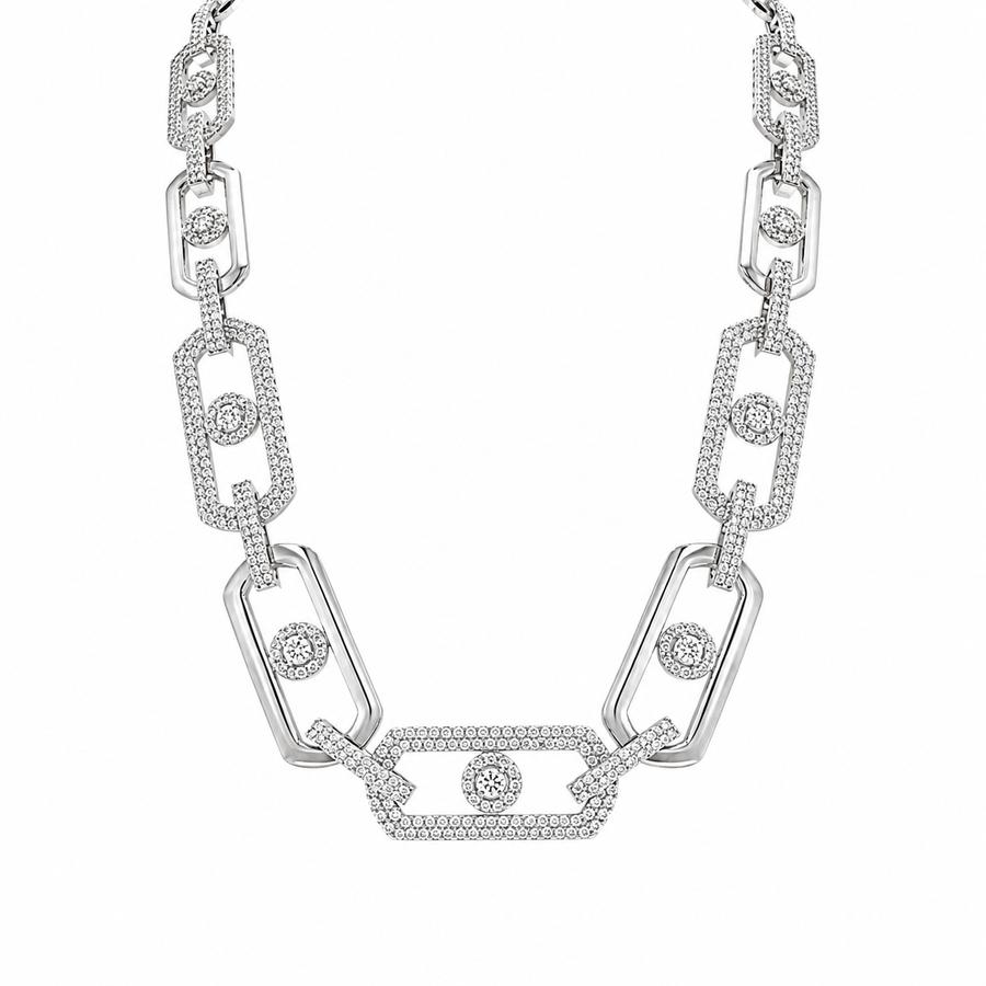 Rhodium Plated 925 Sterling Silver Moissanite Geometric Alternating Link Pave 13mm Necklace - MGMN00010
