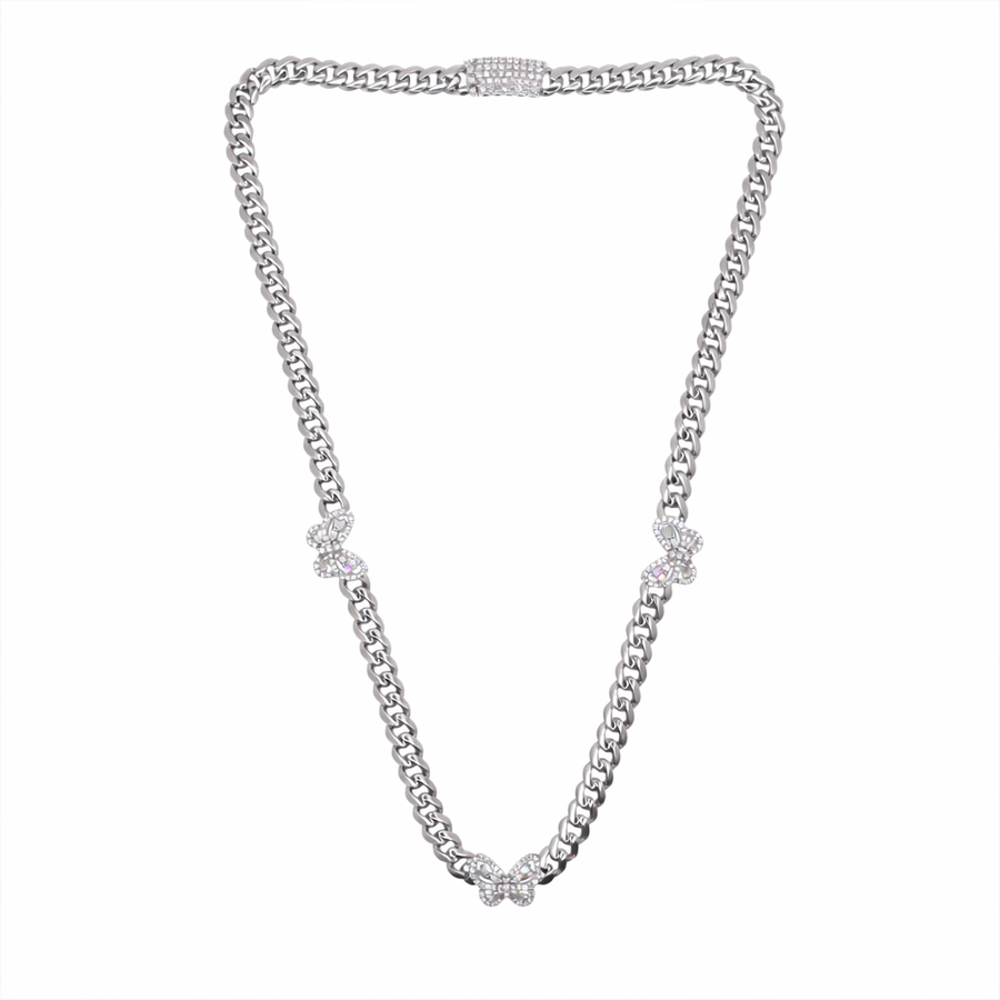 Rhodium Plated 925 Sterling Silver Moissanite Stone Multi Butterfly Cuban Link Necklace - MGMN00012-17