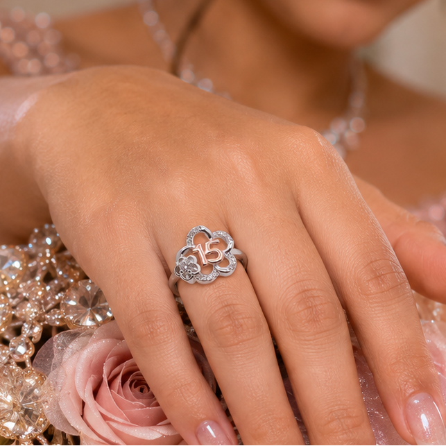 Two-Tone Plated 925 Sterling Silver Moissanite Stone Quinceañera Flower Ring - MGMR00075
