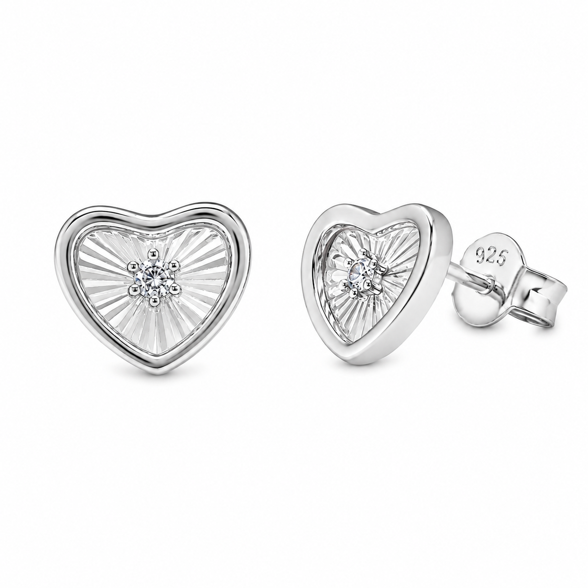 Rhodium Plated 925 Sterling Silver Moissanite Diamond Cut Heart Stud Earrings - MTGE00030