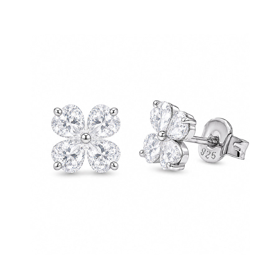 Rhodium Plated 925 Sterling Silver Moissanite Lucky Clover Stud Earrings - MTGE00034