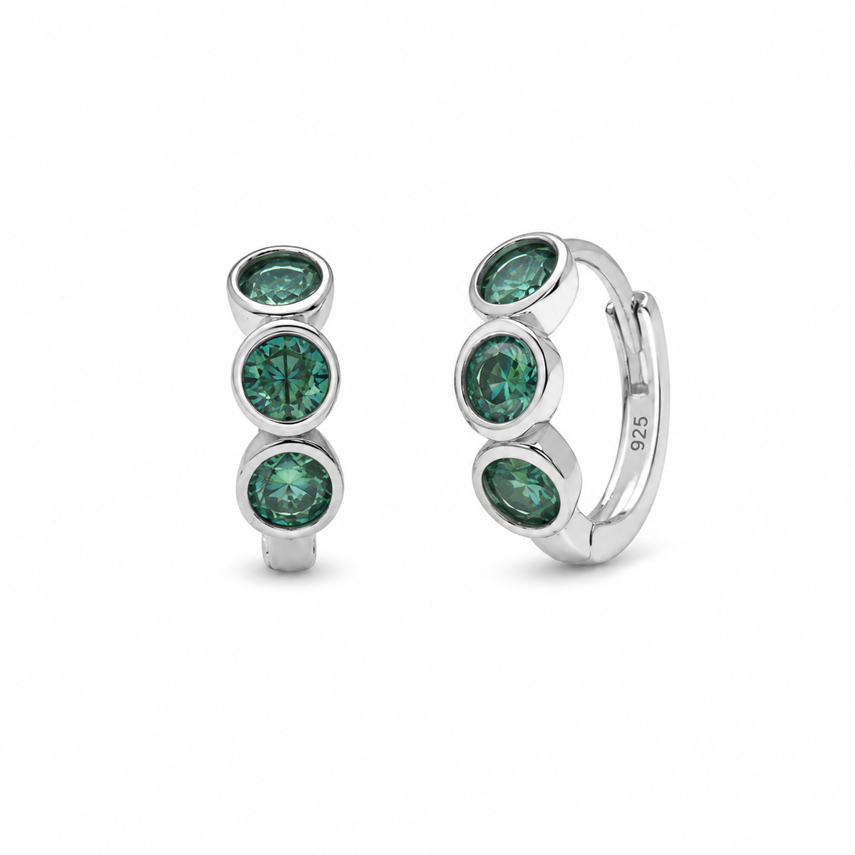 Rhodium Plated 925 Sterling Silver Emerald Green Round Moissanite Huggie Earrings - MTGE00043