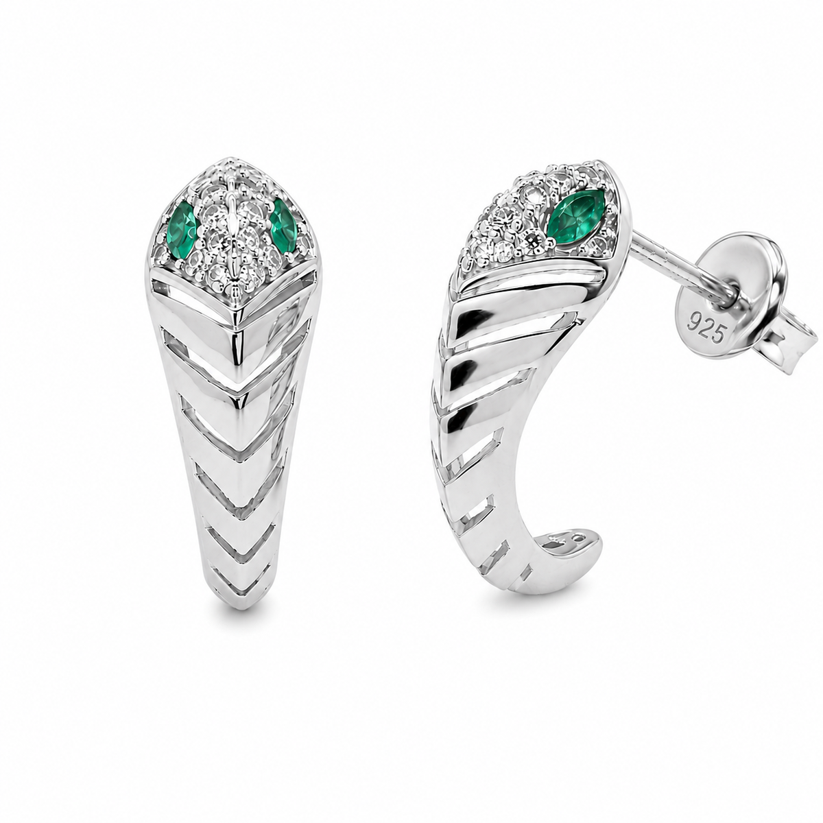 Rhodium Plated 925 Sterling Silver Emerald Green & Clear Moissanite Chevron Wrap Earrings - MTGE00046
