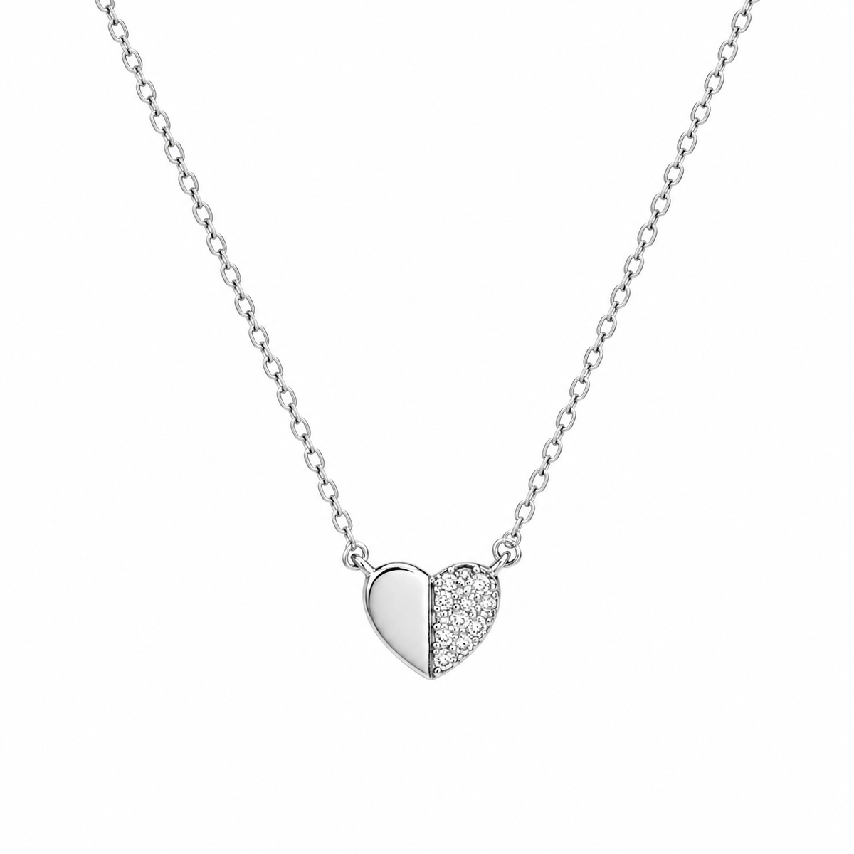 Rhodium Plated 925 Sterling Silver Moissanite Half Pavé Heart Pendant Adjustable Necklace - MTGN00016