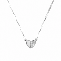 Rhodium Plated 925 Sterling Silver Moissanite Half Pavé Heart Pendant Adjustable Necklace - MTGN00016