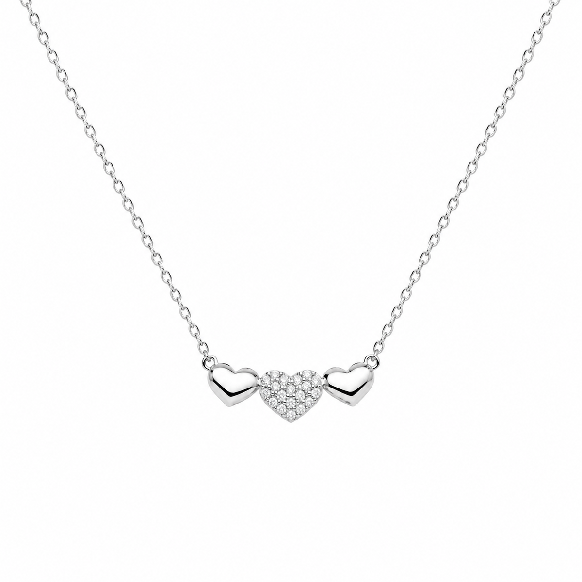 Rhodium Plated 925 Sterling Silver Moissanite Triple Heart Pave Necklace - MTGN00017