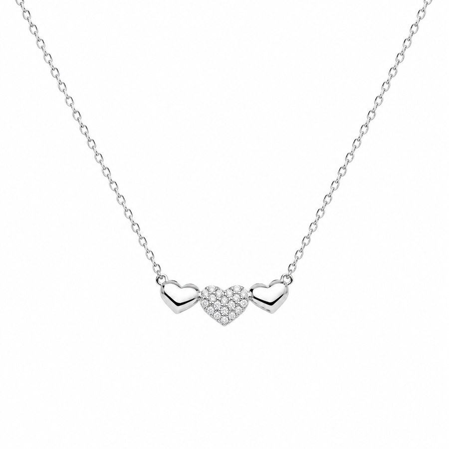 Rhodium Plated 925 Sterling Silver Moissanite Triple Heart Pave Necklace - MTGN00017