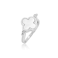 Rhodium Plated 925 Sterling Silver Four Leaf Clover Mother of Pearl and Honeycomb Flip Ring - GMR00444